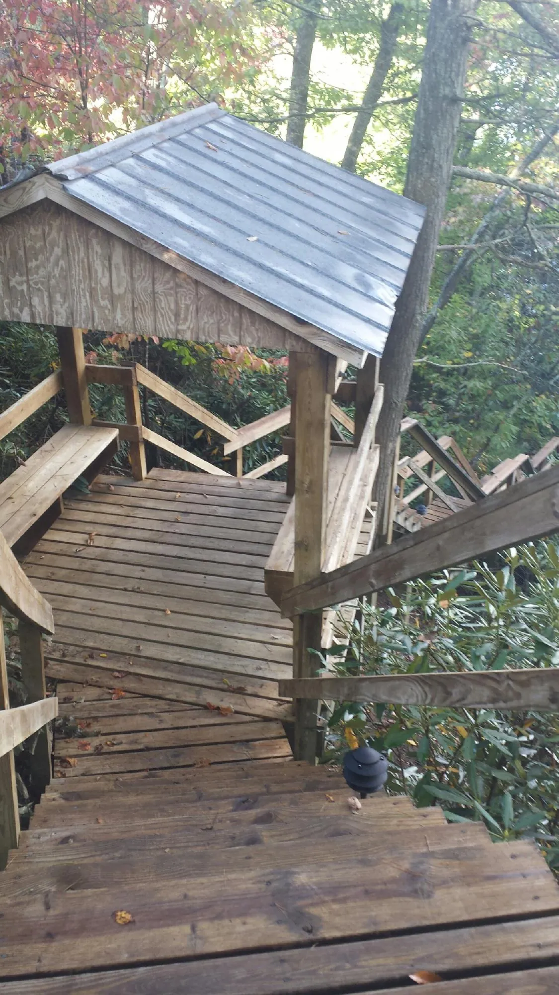 Metal roofed shelter over wooden steps on a wooded walkway — Skylight Repair & Installation work by our crew in Wauneta